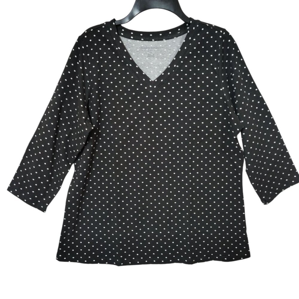 Jessica London Women's V-Neck Top Black White Polka Dots 3/4 Sleeve Size 12